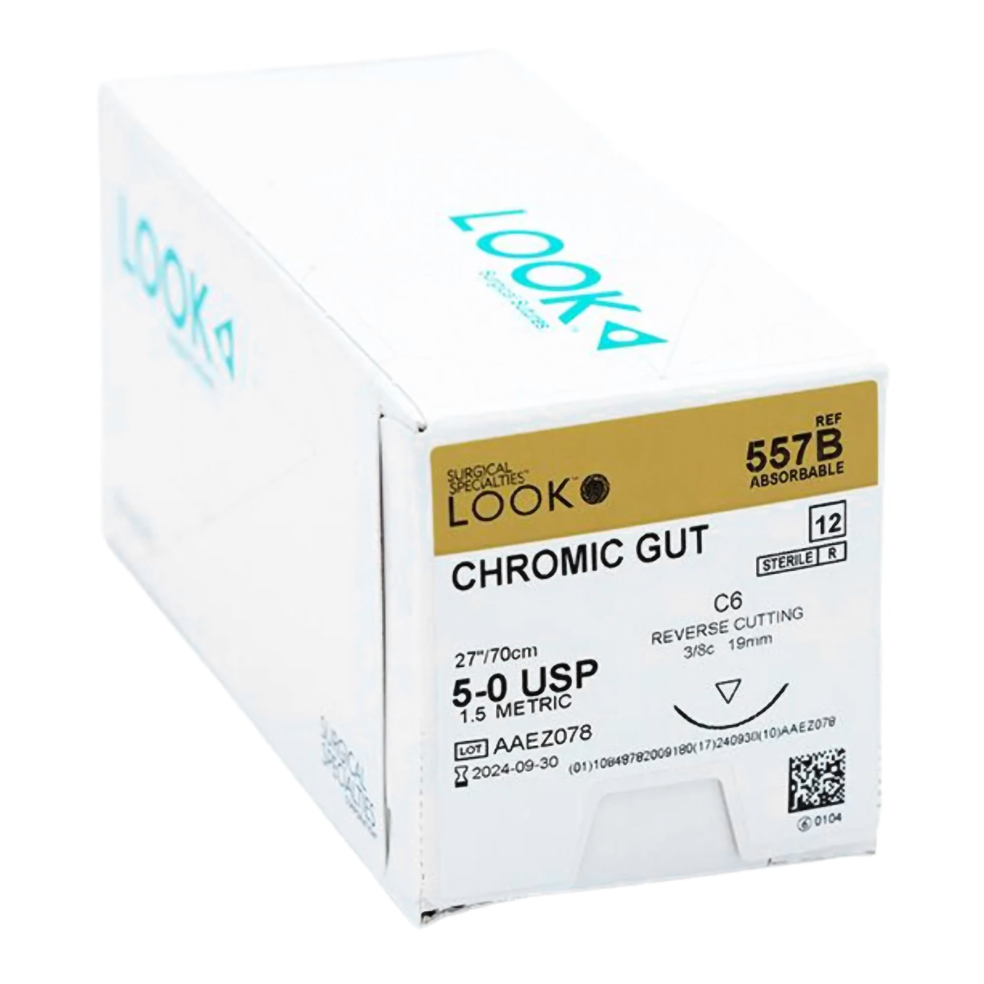 Suture Absorbable Suture with Needle LOOK® Chromic Gut C-6 3/8 Circle Reverse Cutting Needle Size 5 - 0 (634G) by Angiotech - Look Division - Surgical Specialties Corp.  ID 557B